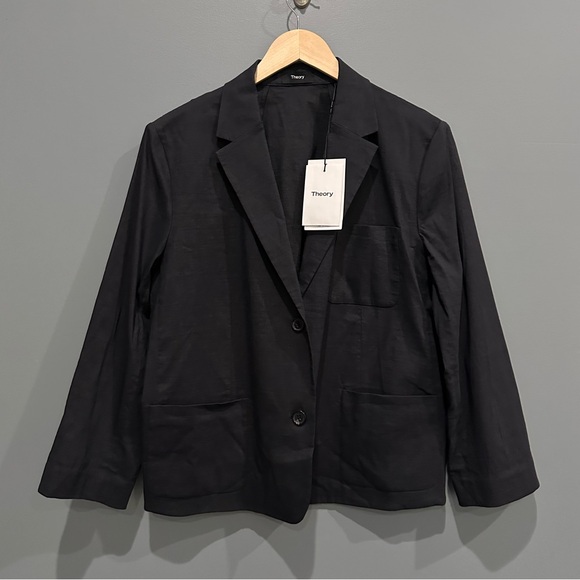 THEORY Boxy Patch Pocket Blazer in Stretch Linen Black - Picture 6 of 10